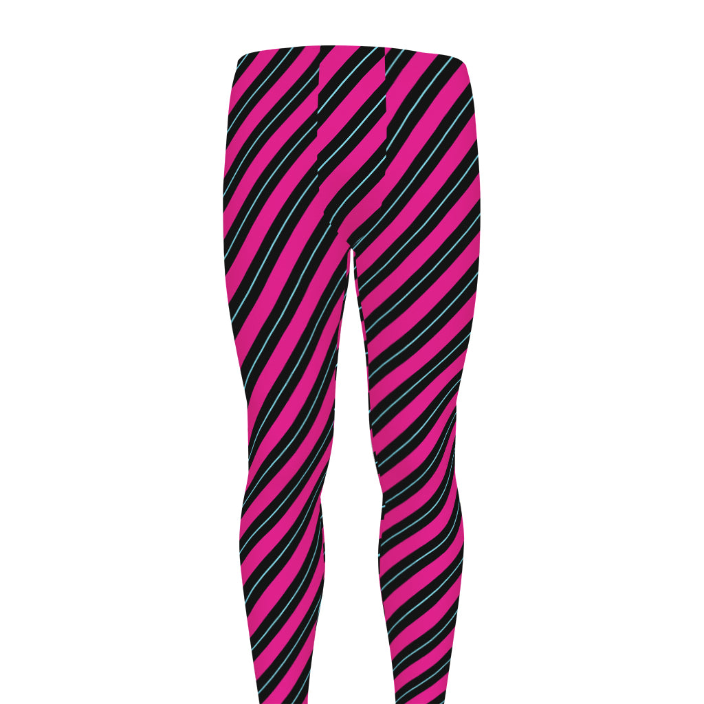 Hot Pink Black And Blue Stripes Print Men's leggings