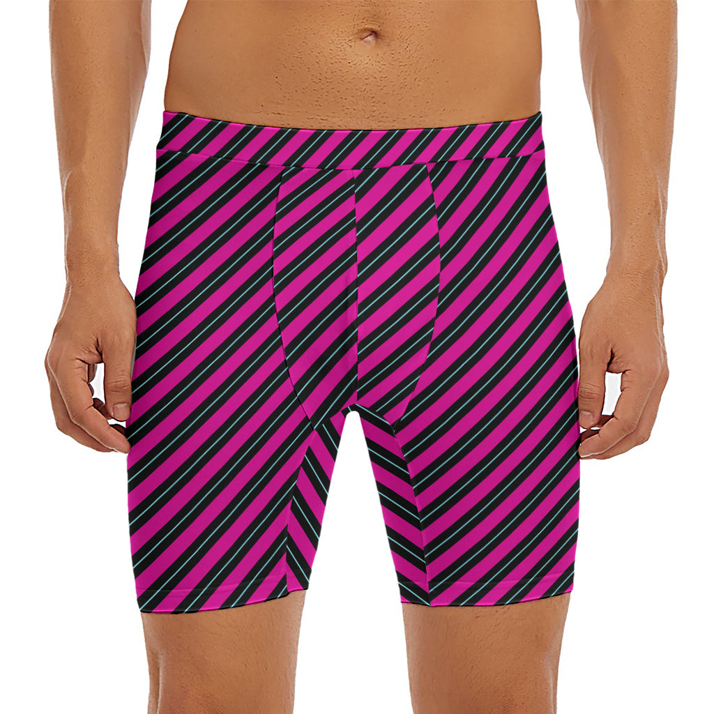 Hot Pink Black And Blue Stripes Print Men's Long Boxer Briefs