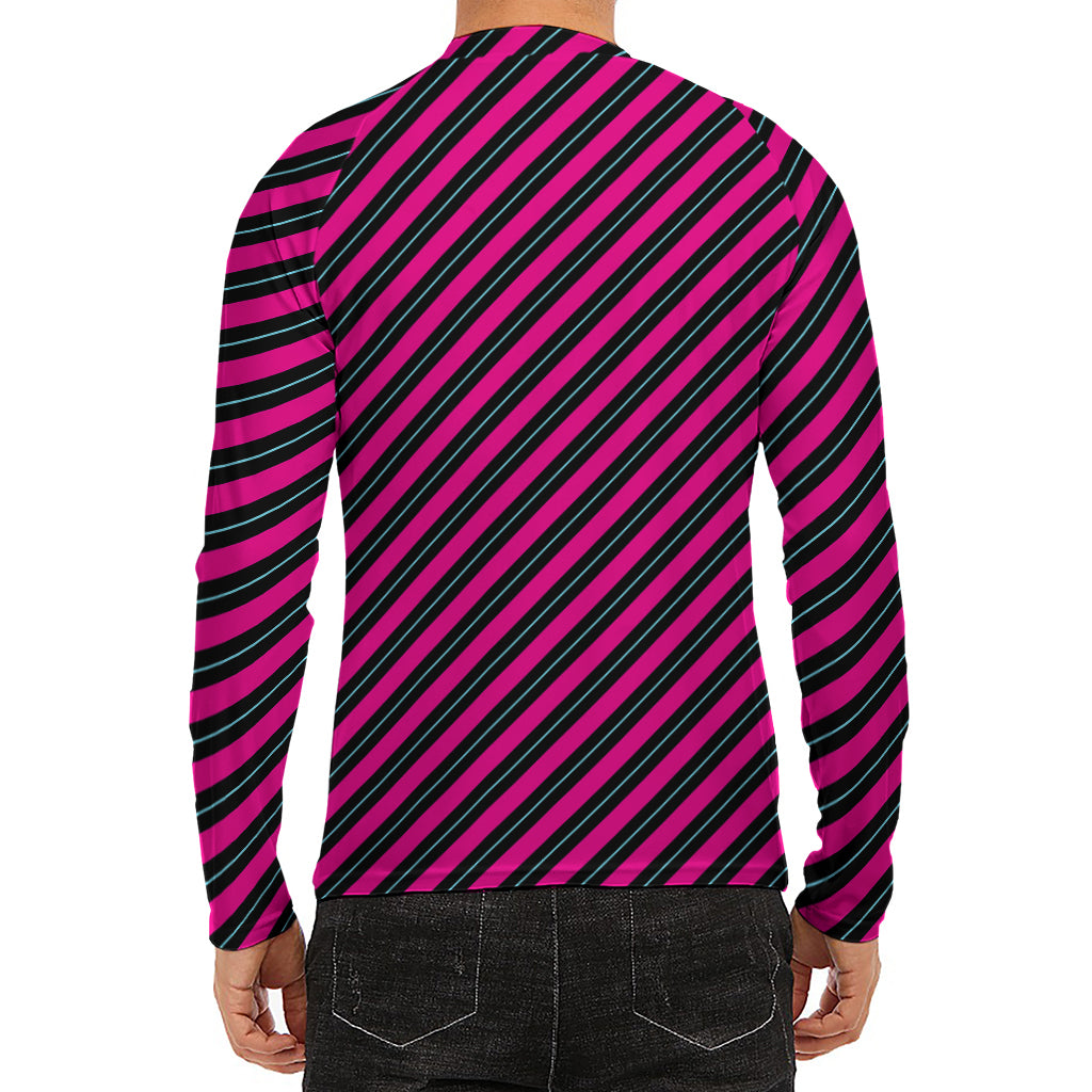 Hot Pink Black And Blue Stripes Print Men's Long Sleeve Rash Guard