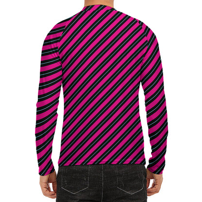 Hot Pink Black And Blue Stripes Print Men's Long Sleeve Rash Guard