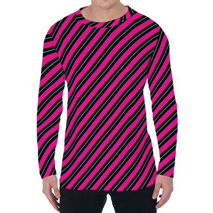 Hot Pink Black And Blue Stripes Print Men's Long Sleeve T-Shirt