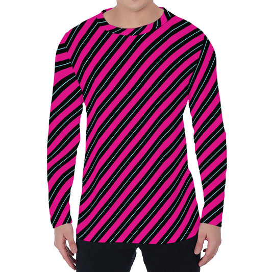 Hot Pink Black And Blue Stripes Print Men's Long Sleeve T-Shirt