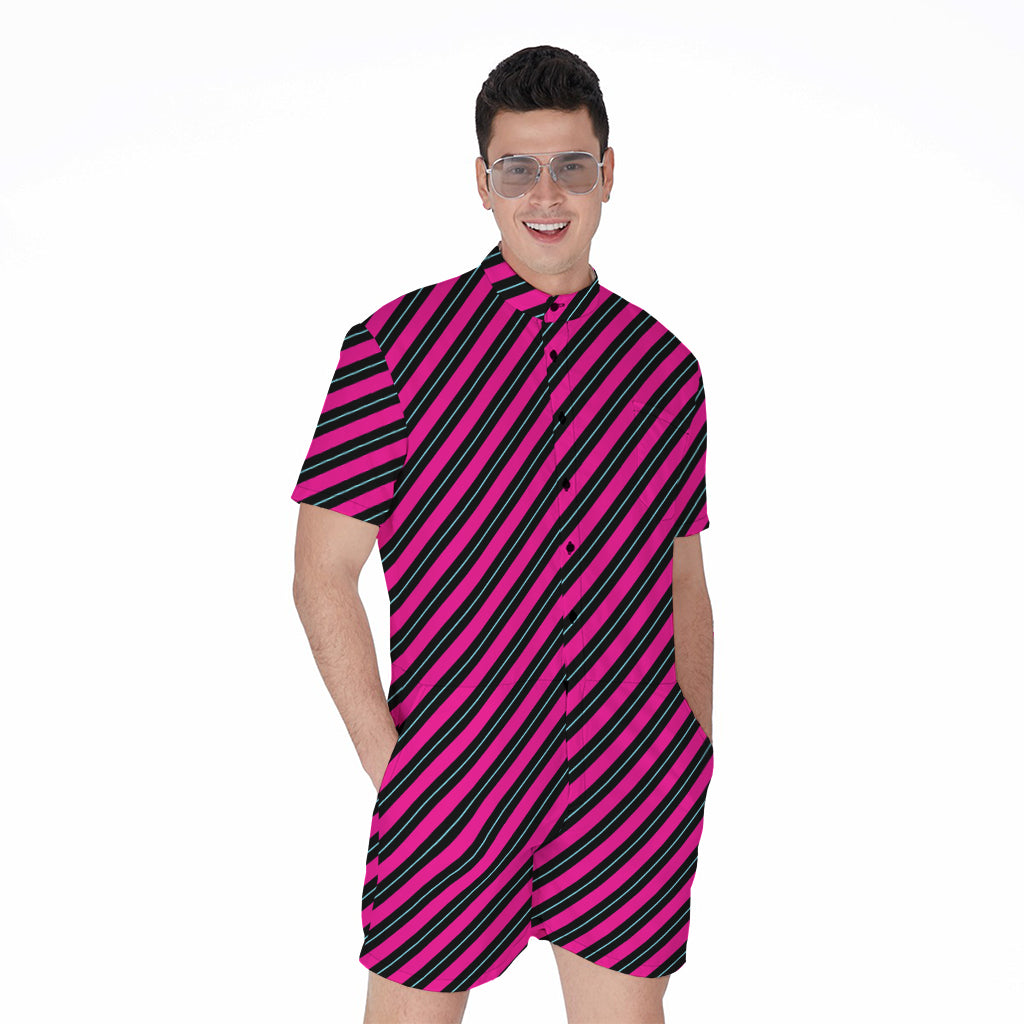 Hot Pink Black And Blue Stripes Print Men's Rompers