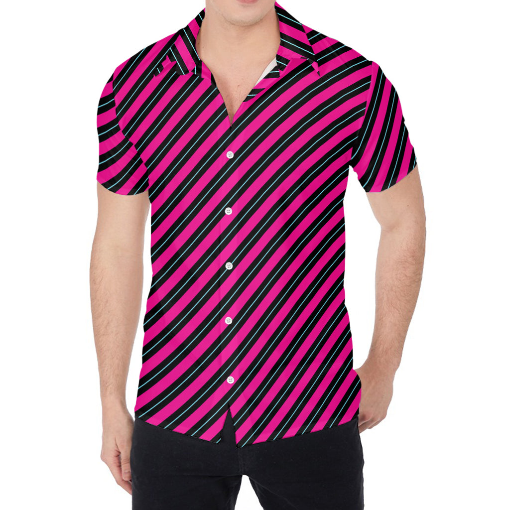 Hot Pink Black And Blue Stripes Print Men's Shirt