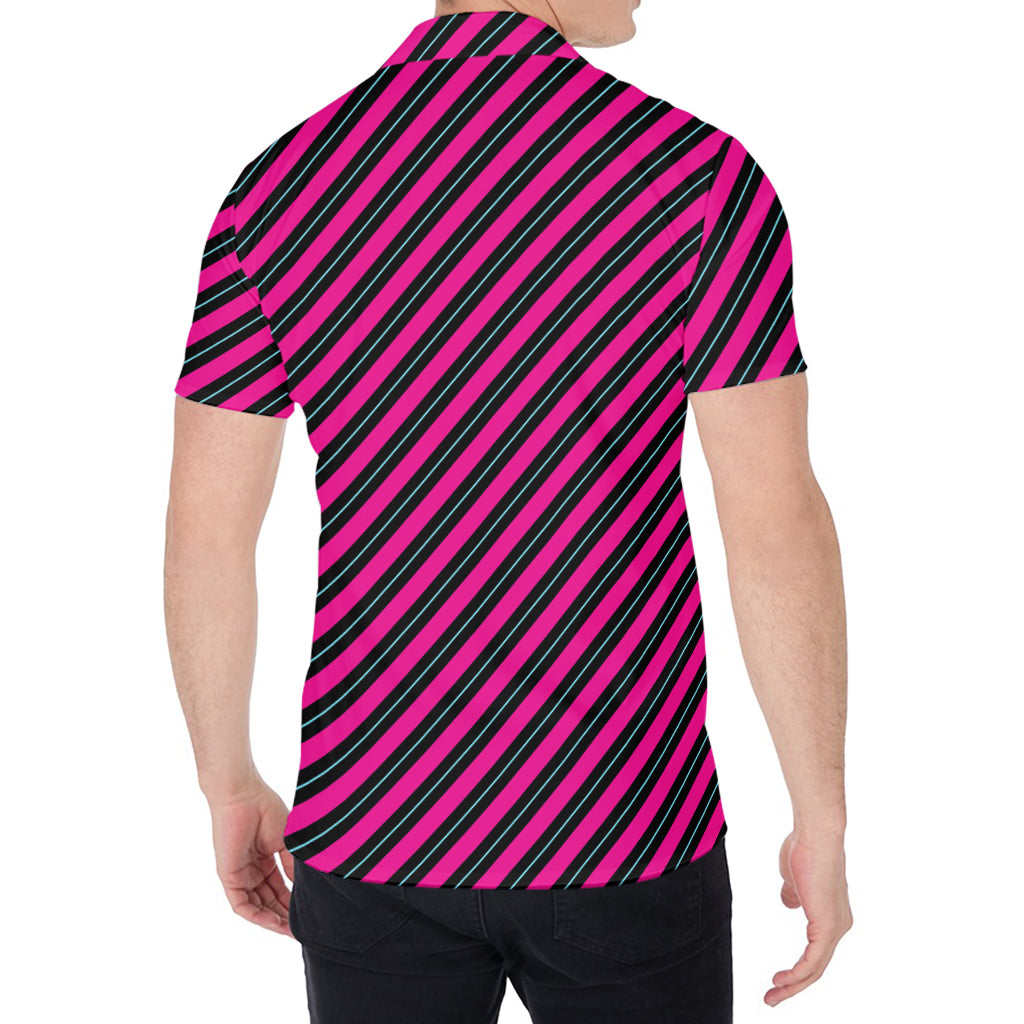 Hot Pink Black And Blue Stripes Print Men's Shirt
