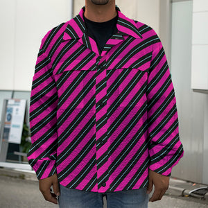 Hot Pink Black And Blue Stripes Print Men's Shirt Jacket