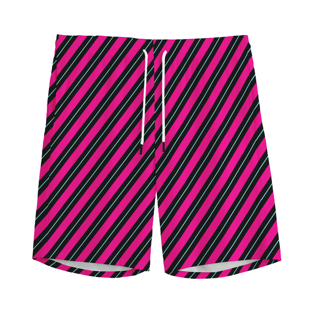 Hot Pink Black And Blue Stripes Print Men's Sports Shorts