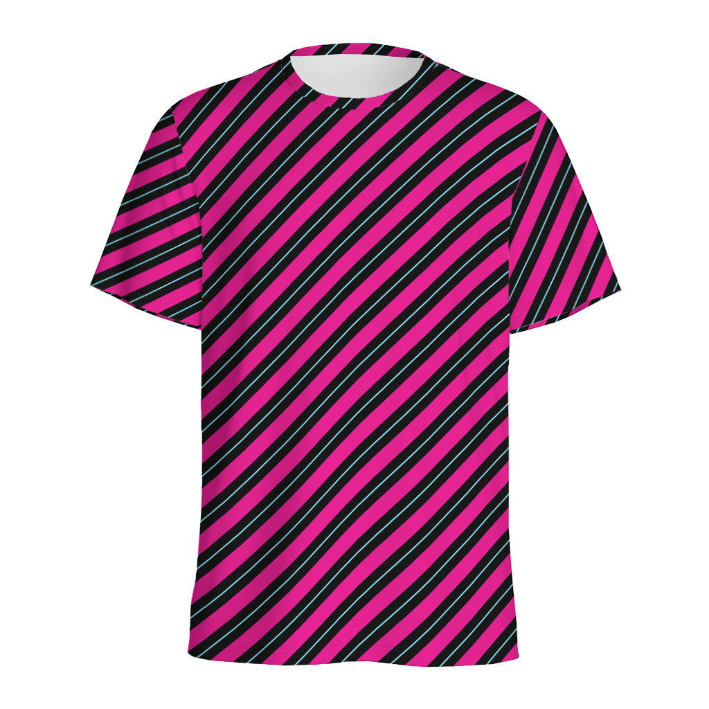 Hot Pink Black And Blue Stripes Print Men's Sports T-Shirt