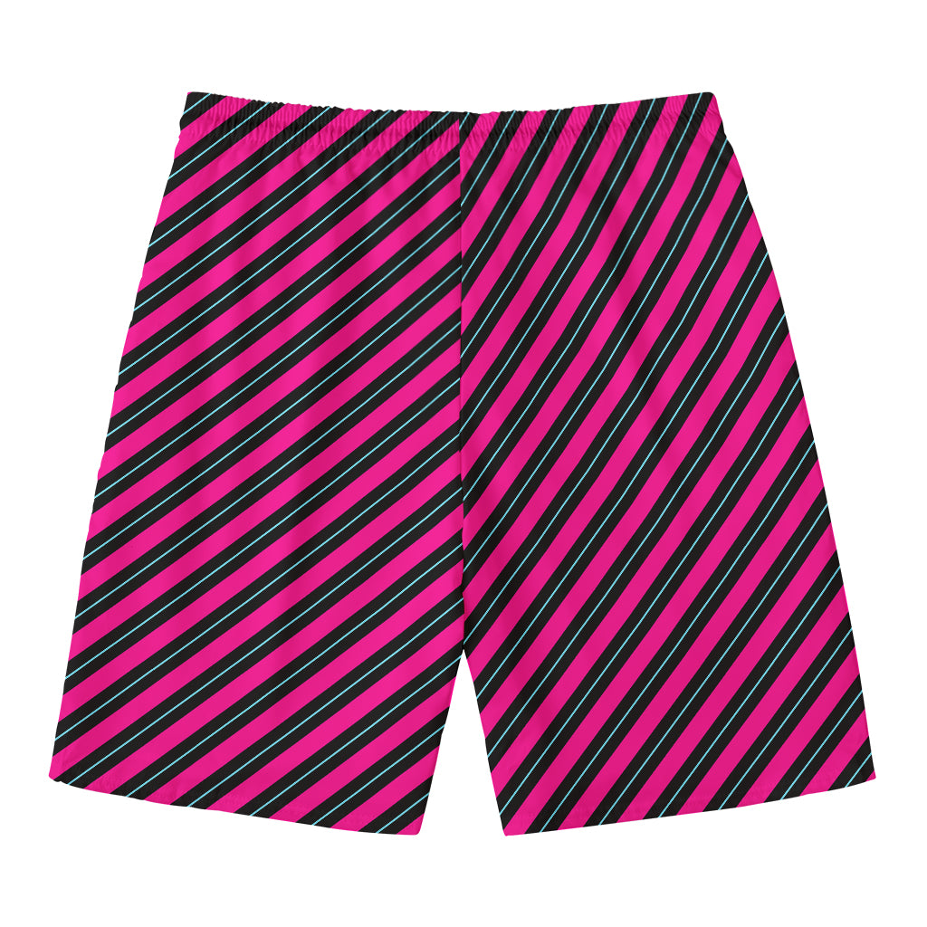 Hot Pink Black And Blue Stripes Print Men's Swim Trunks