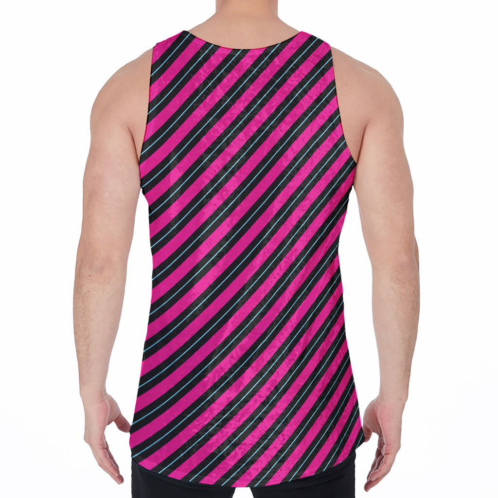Hot Pink Black And Blue Stripes Print Men's Velvet Tank Top