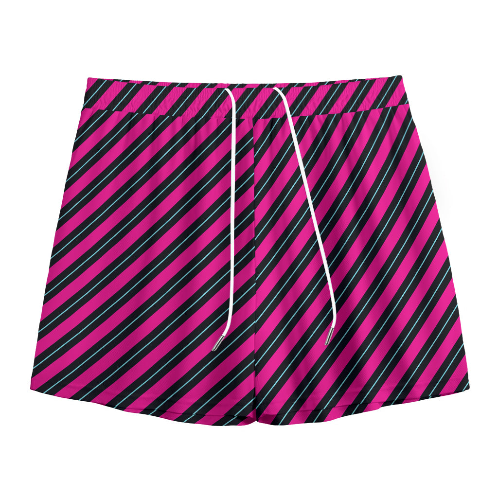 Hot Pink Black And Blue Stripes Print Mesh Shorts