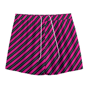 Hot Pink Black And Blue Stripes Print Mesh Shorts