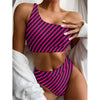 Hot Pink Black And Blue Stripes Print One Shoulder Bikini Top