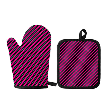 Hot Pink Black And Blue Stripes Print Oven Mitt And Pot Holder Set