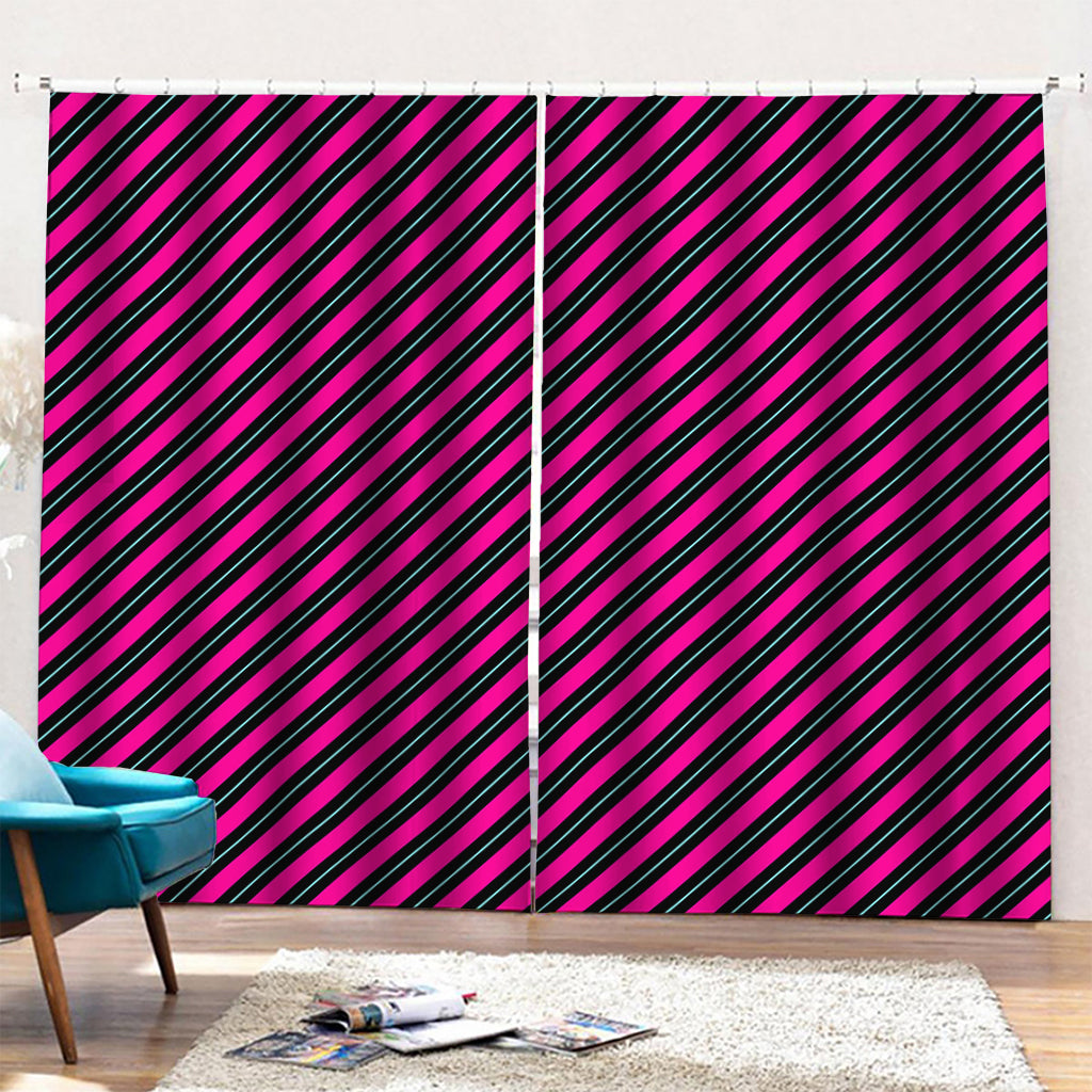 Hot Pink Black And Blue Stripes Print Pencil Pleat Curtains