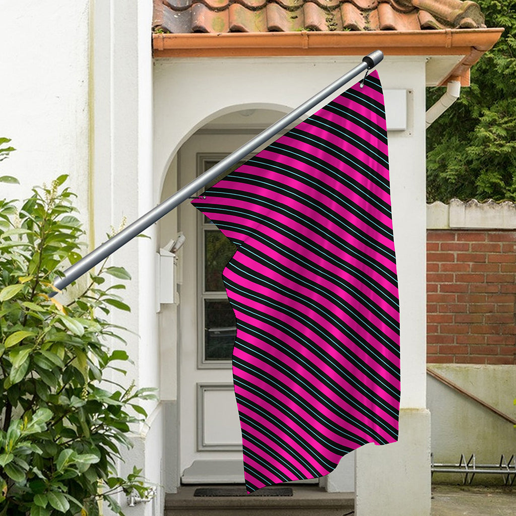 Hot Pink Black And Blue Stripes Print Polyester Flag