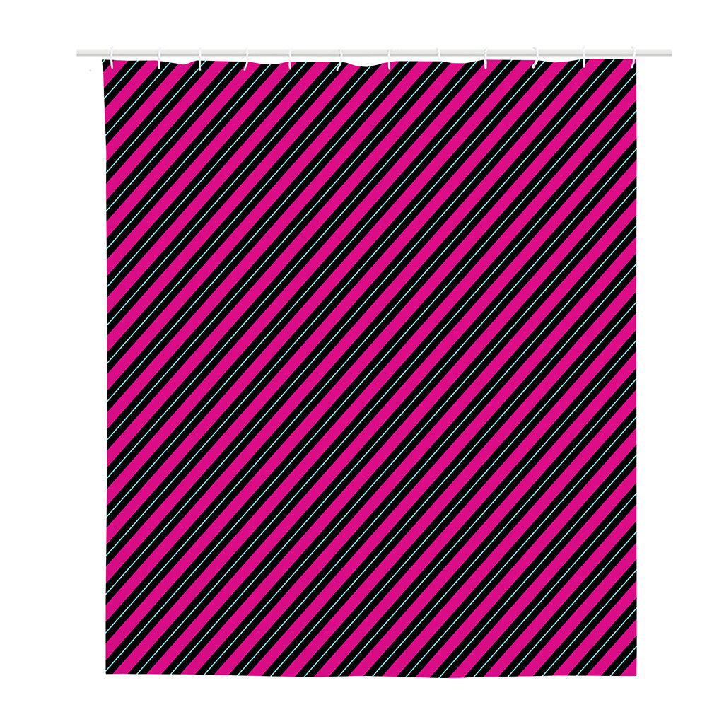 Hot Pink Black And Blue Stripes Print Polyester Shower Curtain