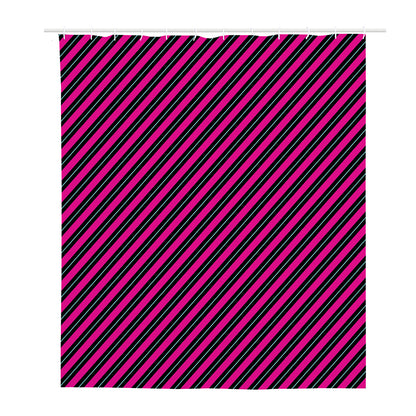 Hot Pink Black And Blue Stripes Print Polyester Shower Curtain