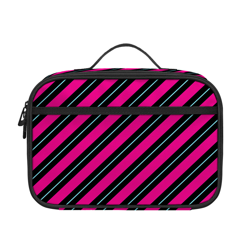 Hot Pink Black And Blue Stripes Print Portable Lunch Bag