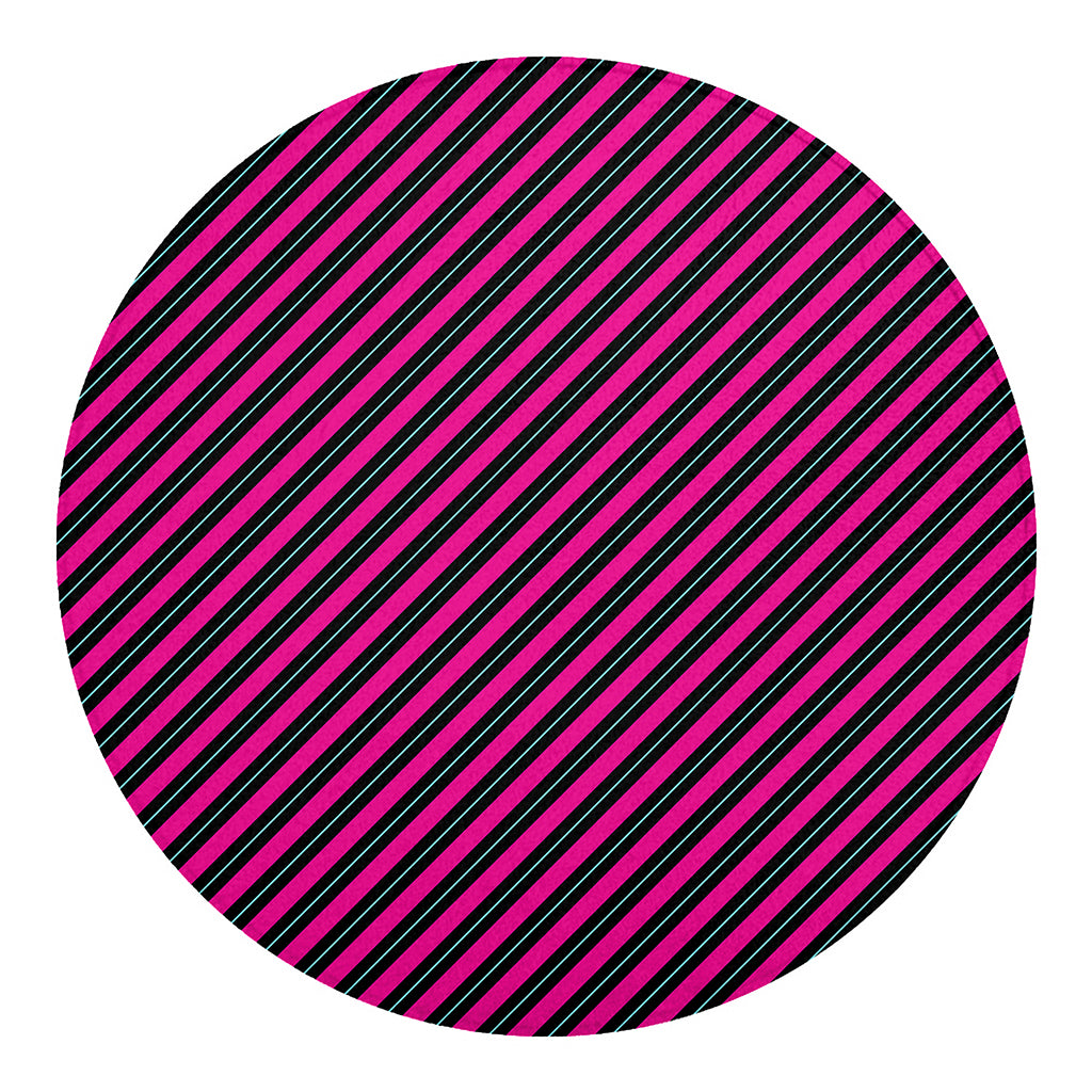 Hot Pink Black And Blue Stripes Print Round Blanket