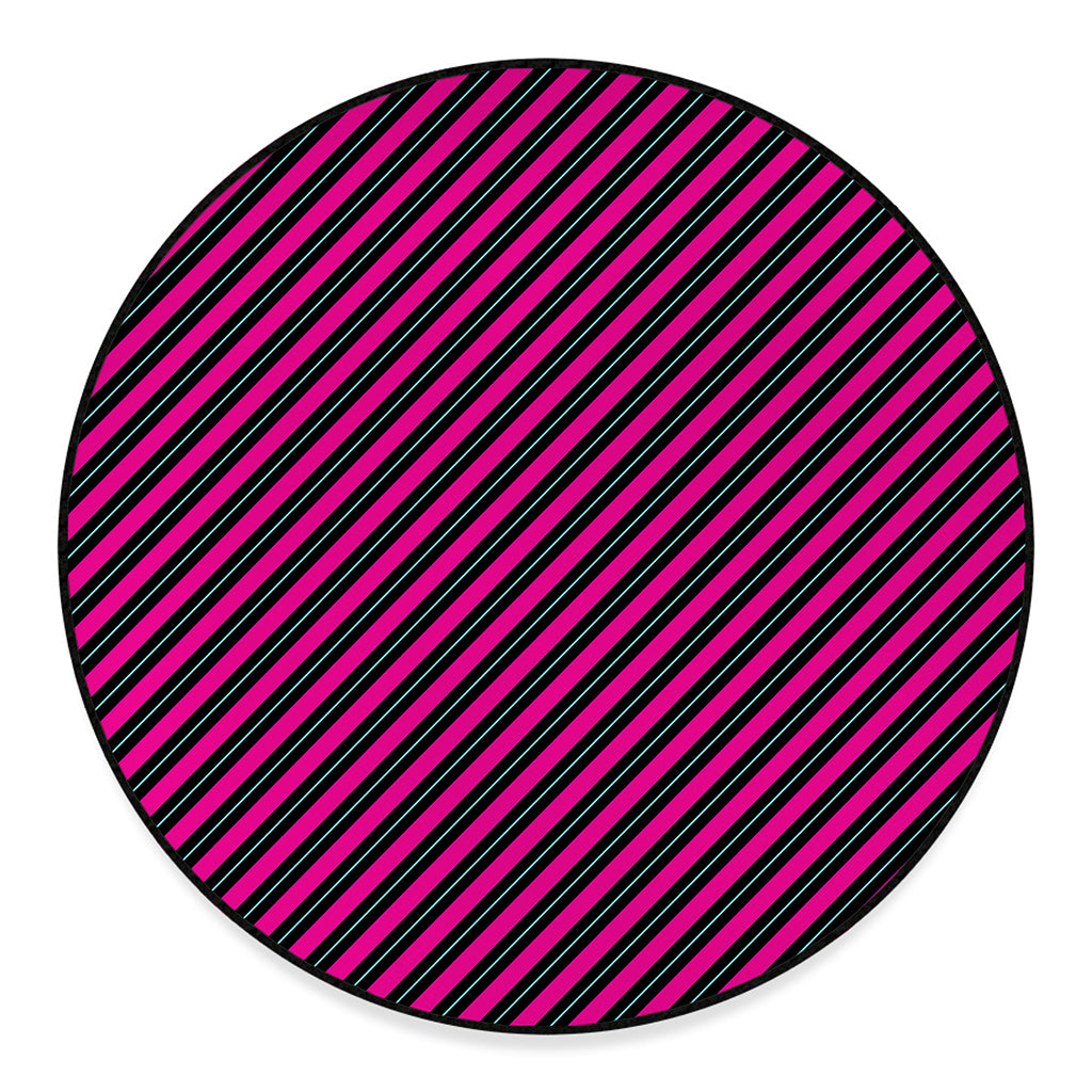 Hot Pink Black And Blue Stripes Print Round Floor Mat