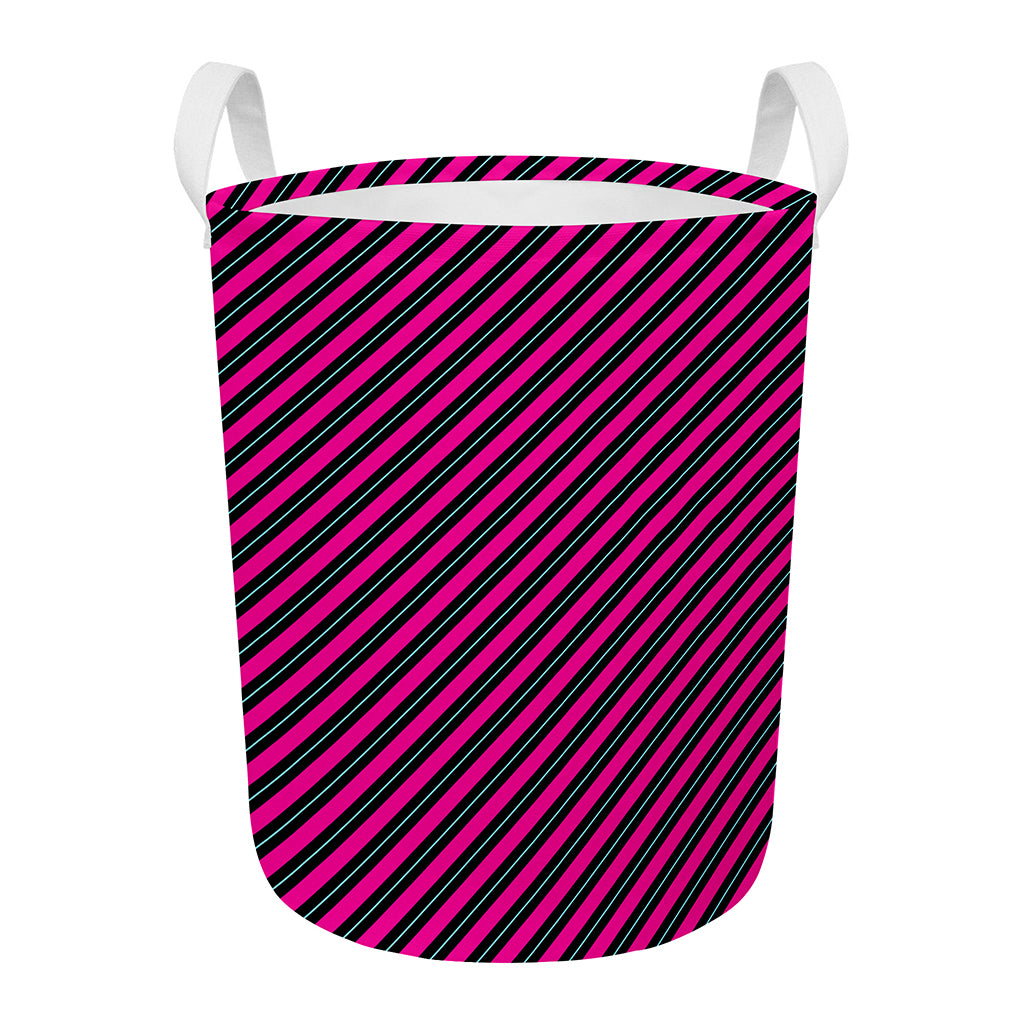 Hot Pink Black And Blue Stripes Print Round Laundry Basket