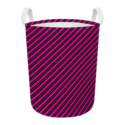 Hot Pink Black And Blue Stripes Print Round Laundry Basket
