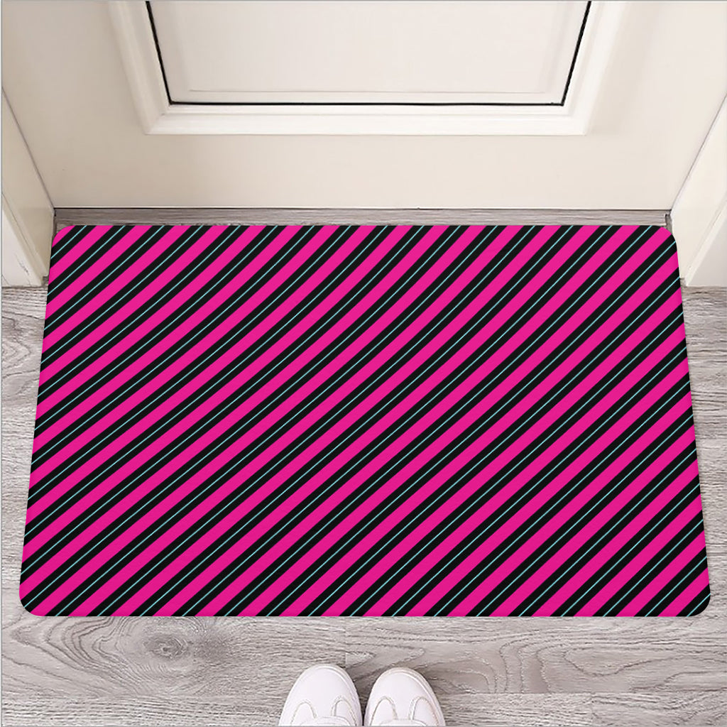 Hot Pink Black And Blue Stripes Print Rubber Doormat