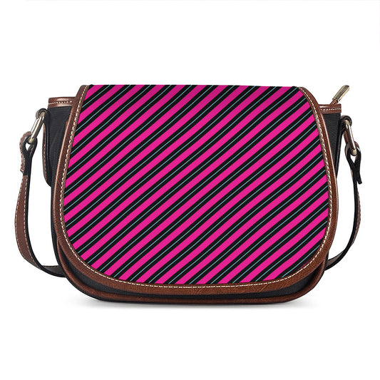 Hot Pink Black And Blue Stripes Print Saddle Bag