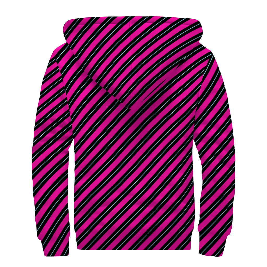 Hot Pink Black And Blue Stripes Print Sherpa Lined Zip Up Hoodie