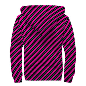 Hot Pink Black And Blue Stripes Print Sherpa Lined Zip Up Hoodie