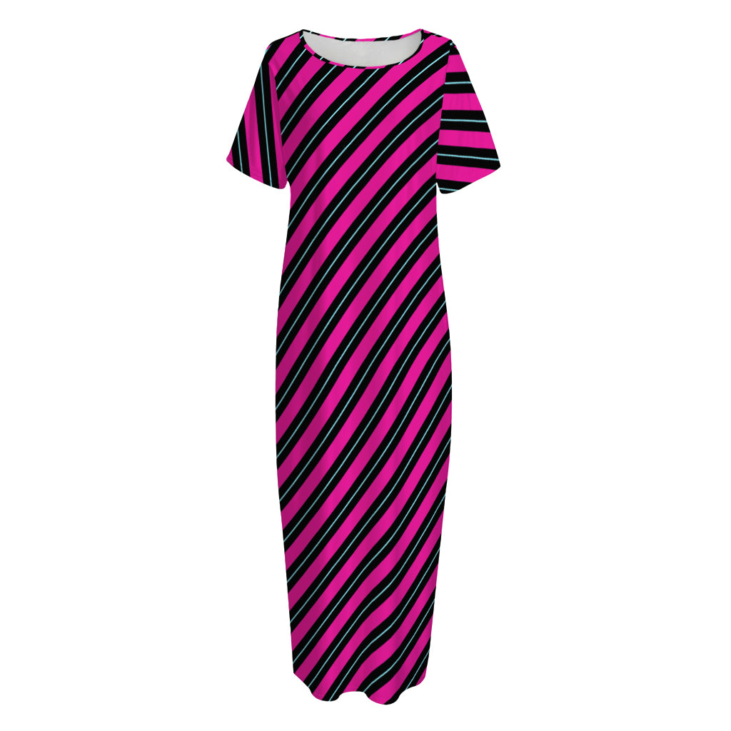 Hot Pink Black And Blue Stripes Print Short Sleeve Long Nightdress