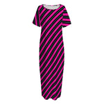 Hot Pink Black And Blue Stripes Print Short Sleeve Long Nightdress