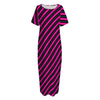 Hot Pink Black And Blue Stripes Print Short Sleeve Long Nightdress