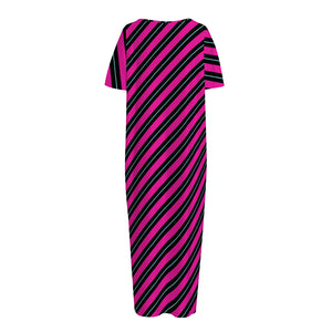 Hot Pink Black And Blue Stripes Print Short Sleeve Long Nightdress