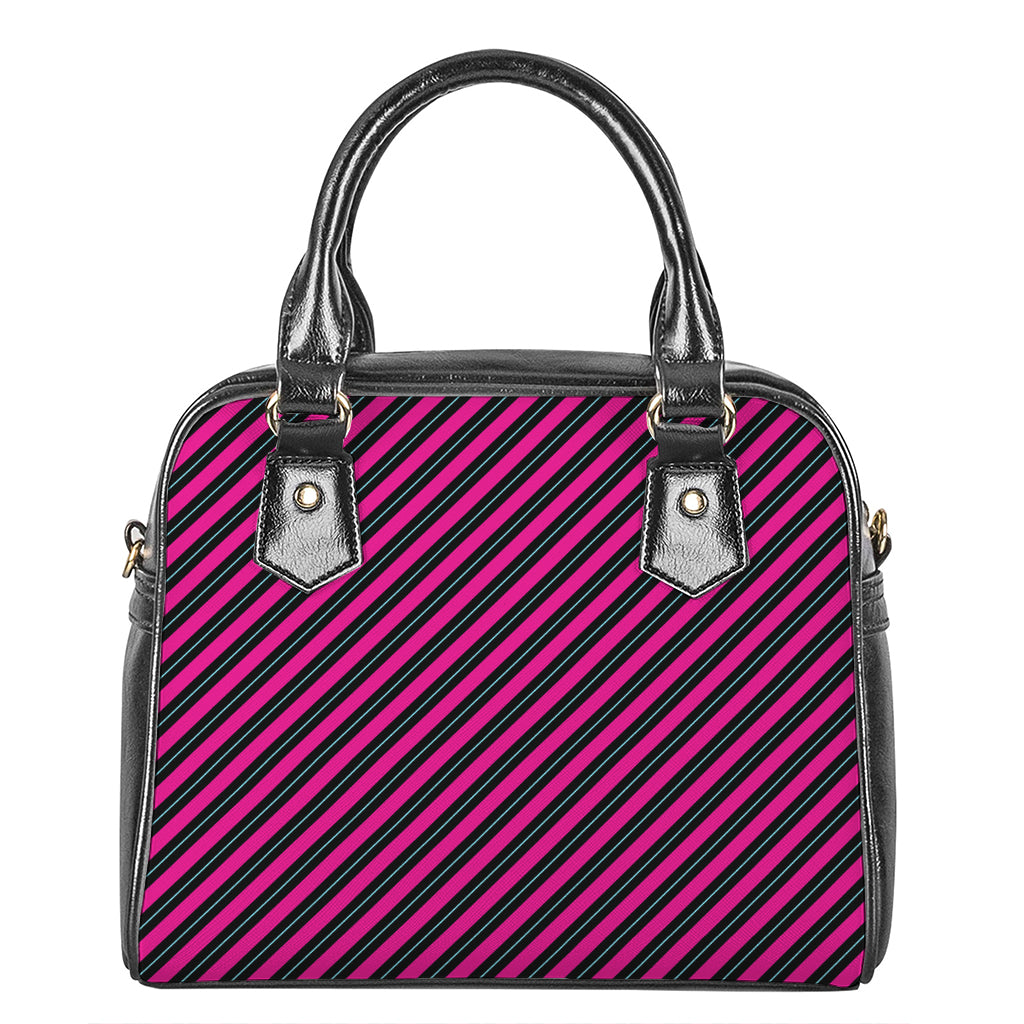 Hot Pink Black And Blue Stripes Print Shoulder Handbag