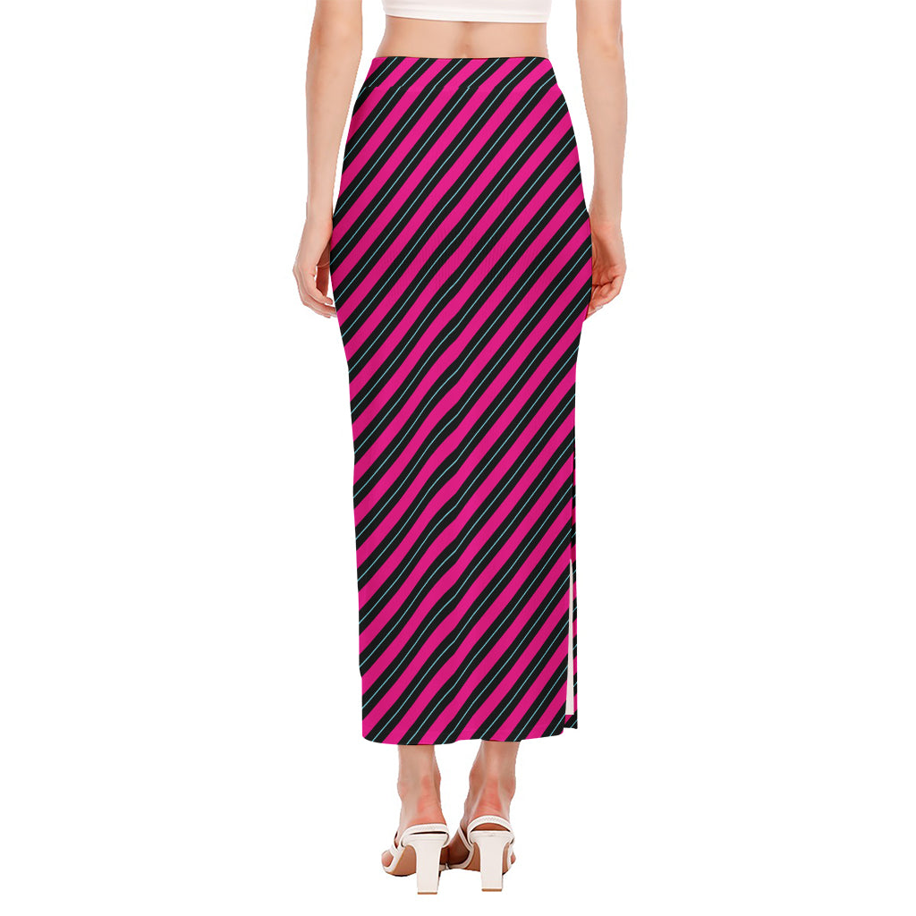 Hot Pink Black And Blue Stripes Print Side Slit Maxi Skirt