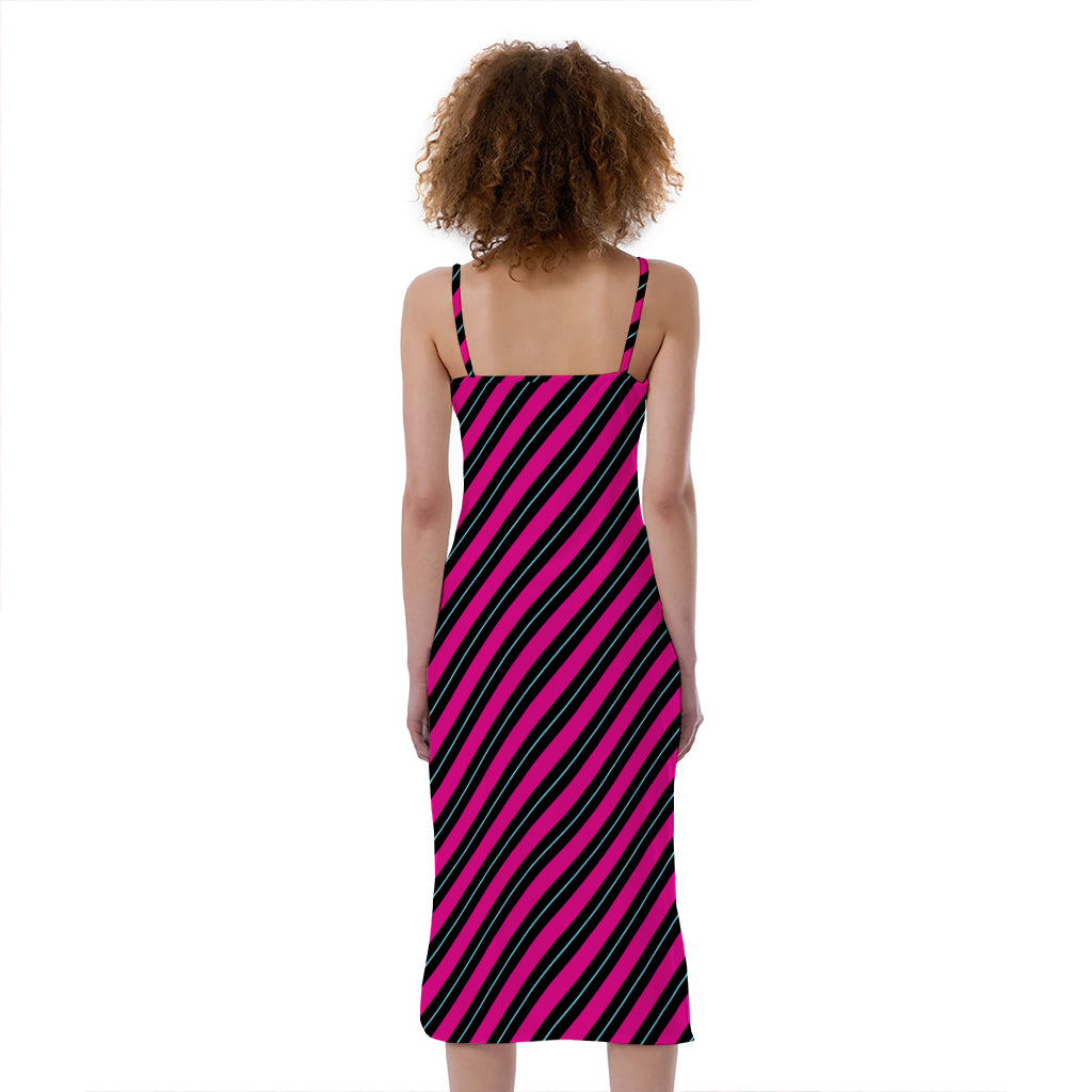 Hot Pink Black And Blue Stripes Print Slim Fit Midi Cami Dress