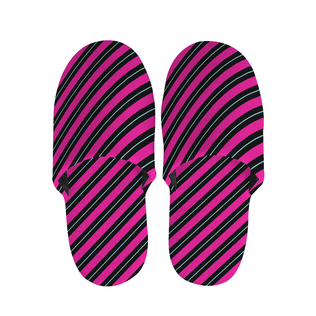 Hot Pink Black And Blue Stripes Print Slippers