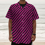 Hot Pink Black And Blue Stripes Print Textured Short Sleeve Shirt