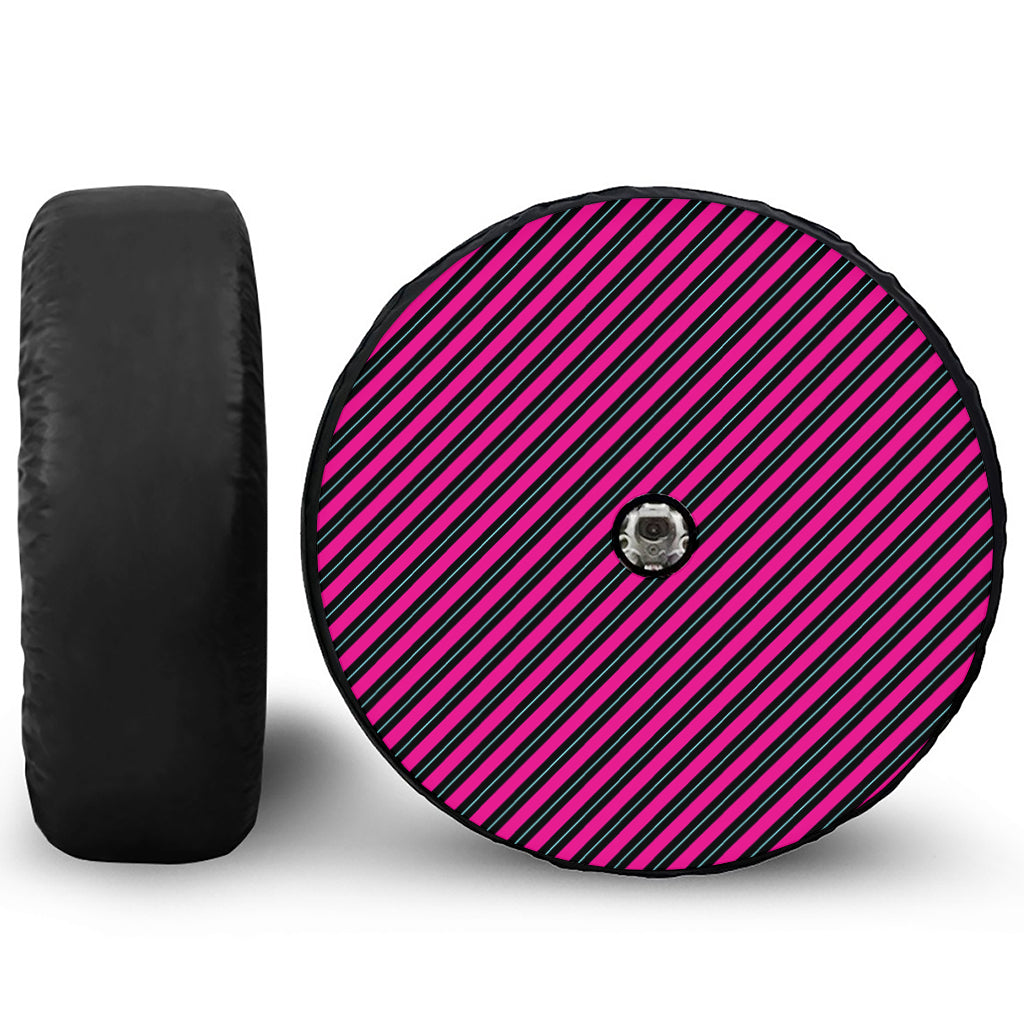 Hot Pink Black And Blue Stripes Print Tire Cover With Camera Hole