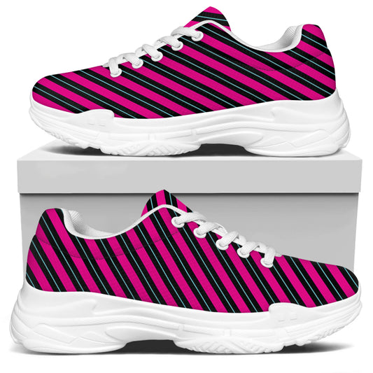 Hot Pink Black And Blue Stripes Print White Chunky Shoes