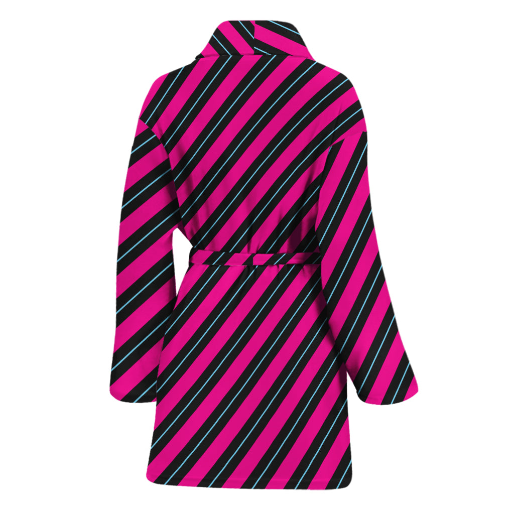 Hot Pink Black And Blue Stripes Print Women's Bathrobe