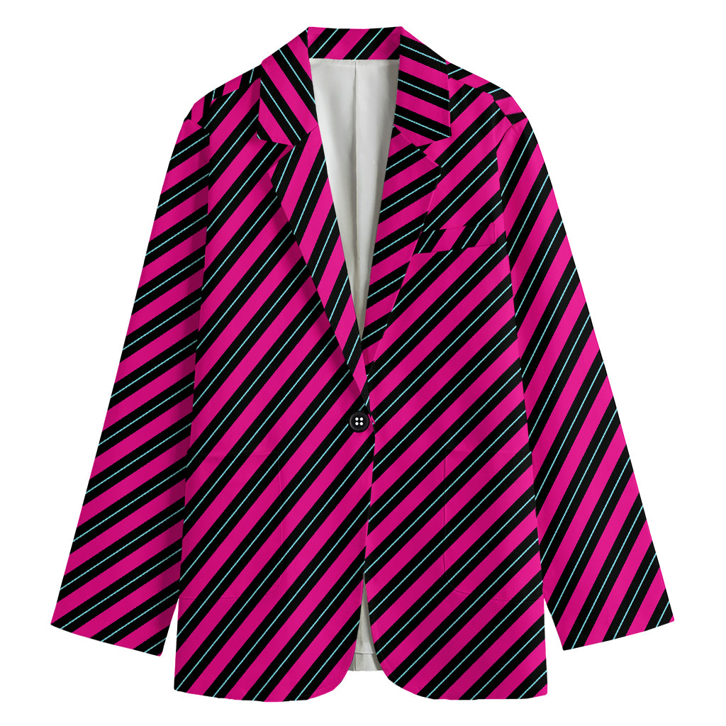 Hot Pink Black And Blue Stripes Print Women's Blazer