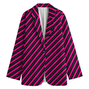 Hot Pink Black And Blue Stripes Print Women's Blazer