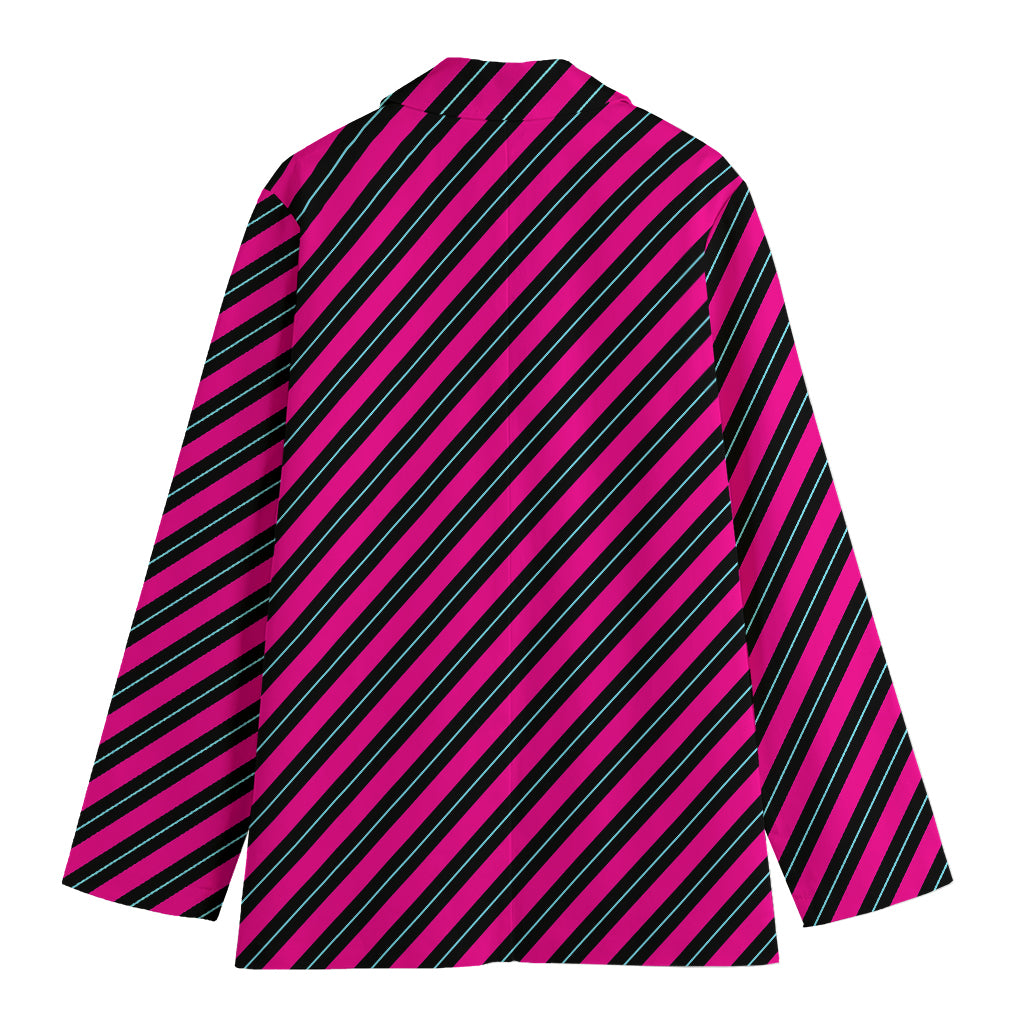 Hot Pink Black And Blue Stripes Print Women's Blazer