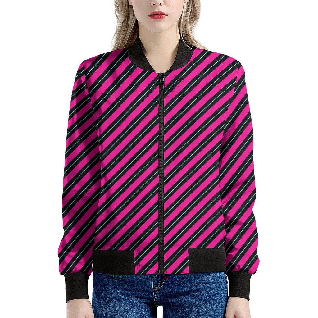 Hot Pink Black And Blue Stripes Print Women's Bomber Jacket