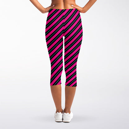 Hot Pink Black And Blue Stripes Print Women's Capri Leggings