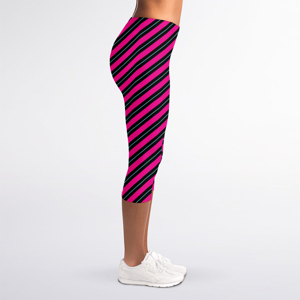 Hot Pink Black And Blue Stripes Print Women's Capri Leggings