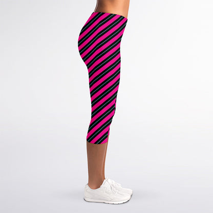 Hot Pink Black And Blue Stripes Print Women's Capri Leggings